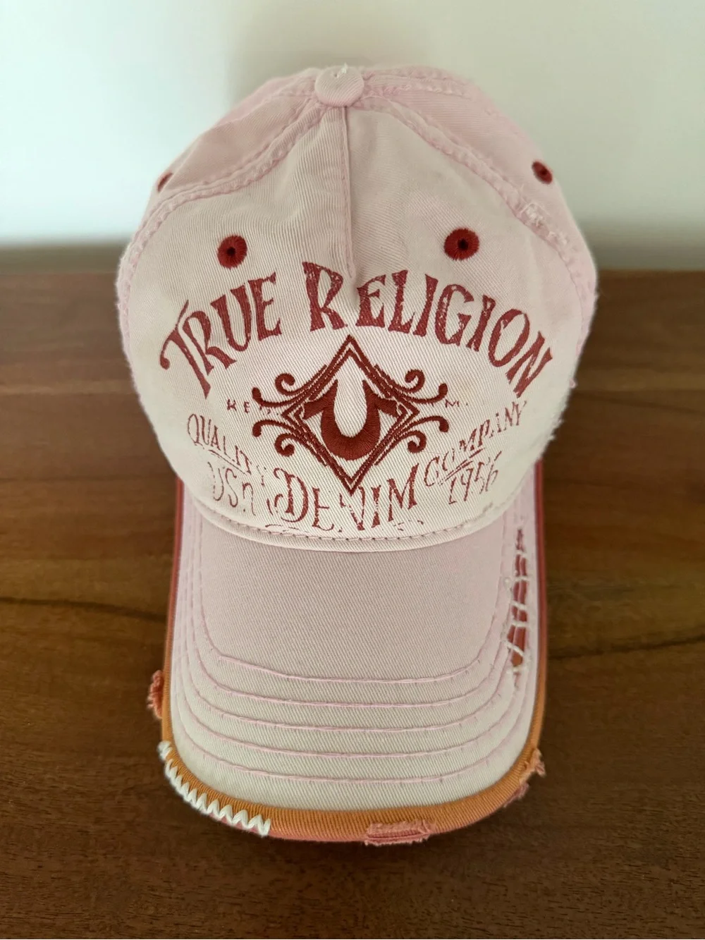 Vintage 90s Y2K True Religion Trucker Baseball Cap Distressed Adjustable pink